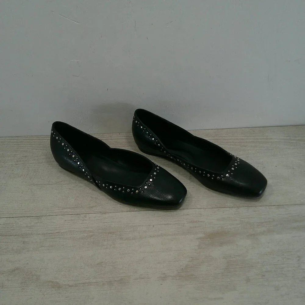 Naturalizer Black Leather D'Orsay Square Toe Studded Cody 3 Ballet Flats SZ 7.5